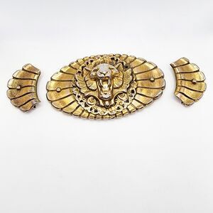 Vintage Oversized Kandell Marcus NY Brass Tone Lion Head Belt Buckle 3 Pc Set